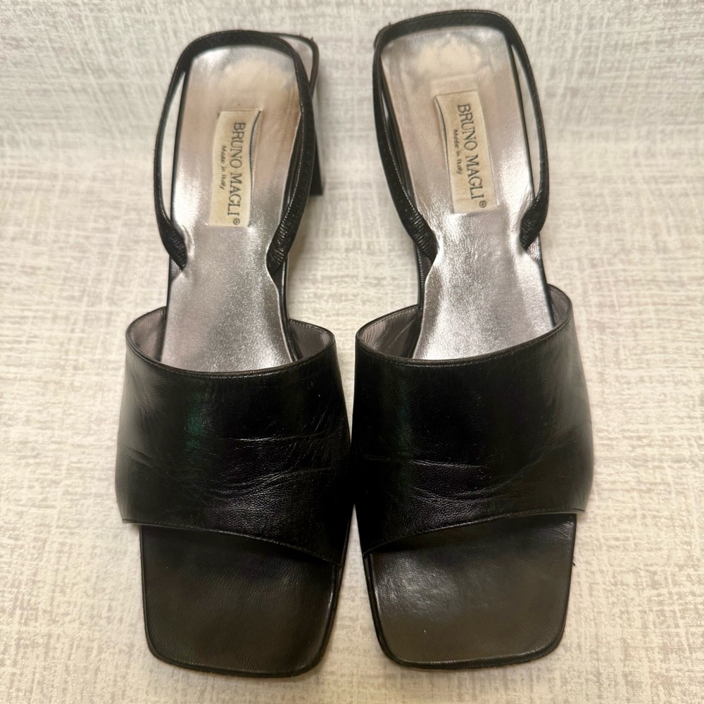 Vintage, Discontinued Bruno Magli Brel Black Leather Heeled Sandals, Size 7
